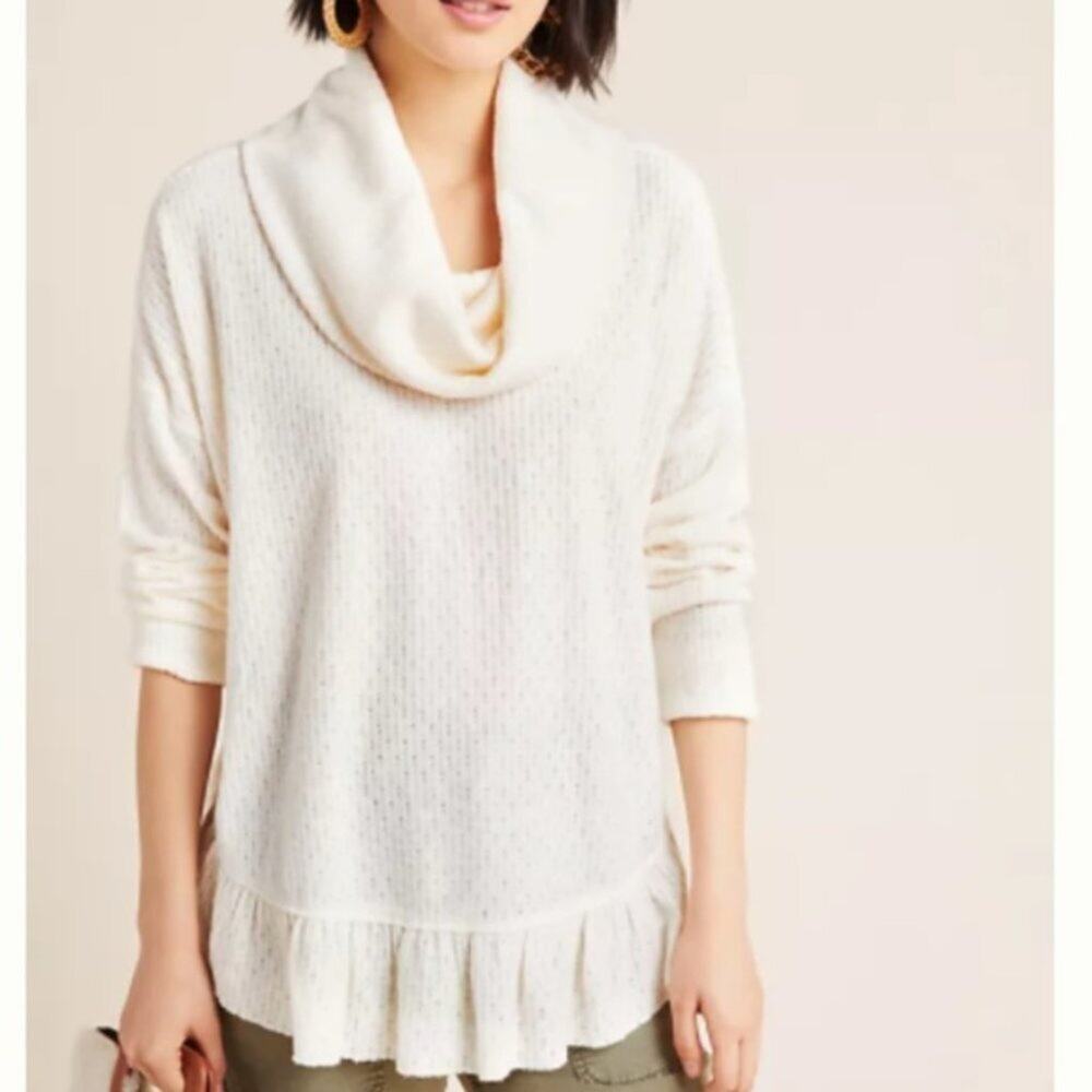 Anthropologie Maeve Addie Cream Cowl Neck Ruffled Hacci Pullover